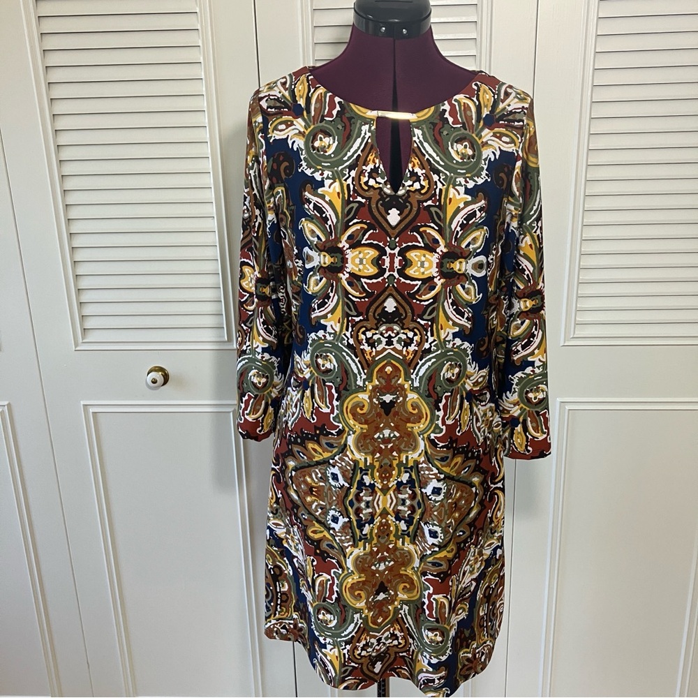 HAANI Petite Yellow, Brown and Green Pattern Dress size Petite Large